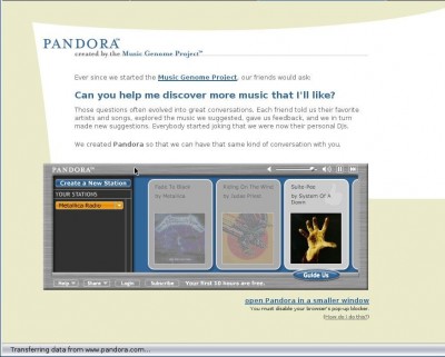 VOici un screenshot de pandora en action. J'ai choisit comme station de départ metallica. Regarder en bas les tounes qui ont ete sélectionnées automatiquement.